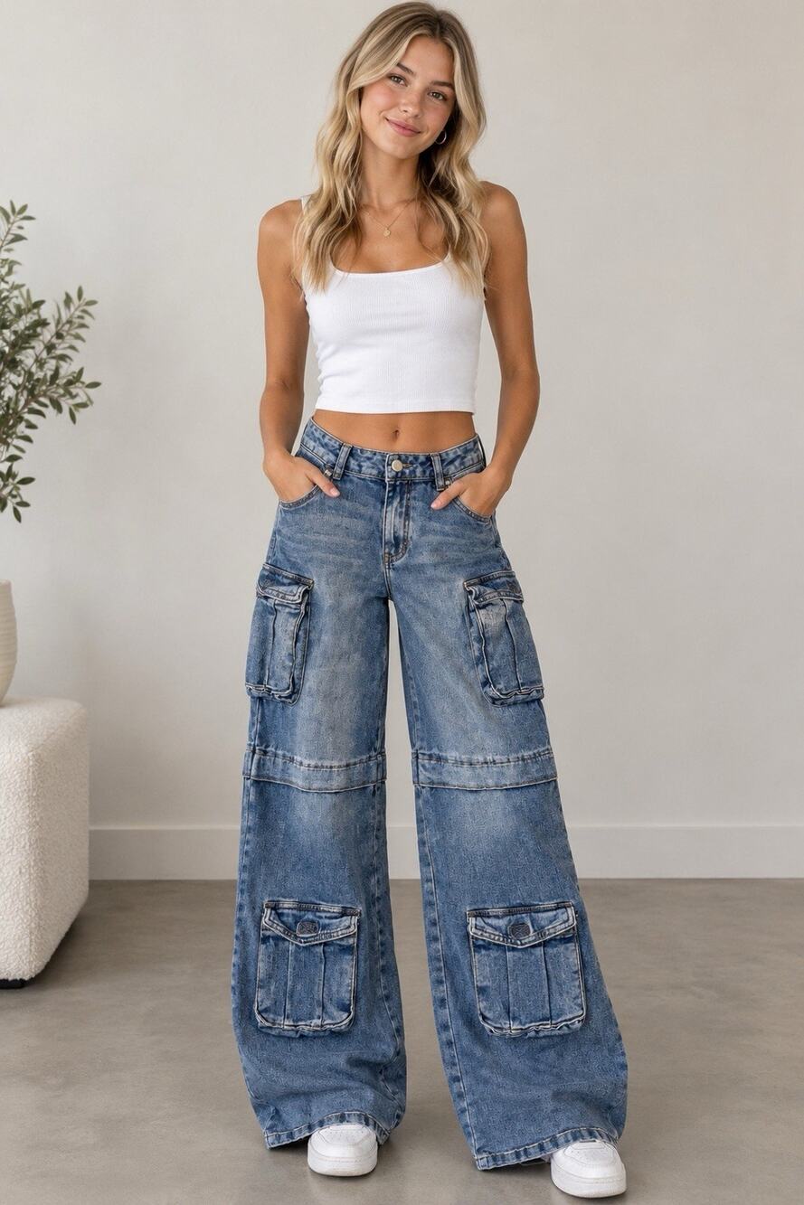 Refuge Denim Y2K Baggy Multi Pocket Cargo Wide Leg Jeans Medium Wash Size 0